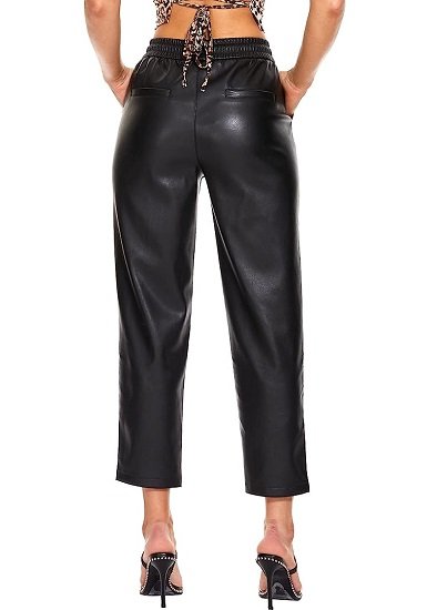 Ladies Faux Leather Pants High Waist Leather Straight Leg Pants With Pockets