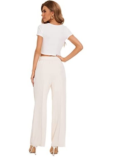 Women's Wide Leg Pants High Elasticity Waist Back Business Work Pants Long