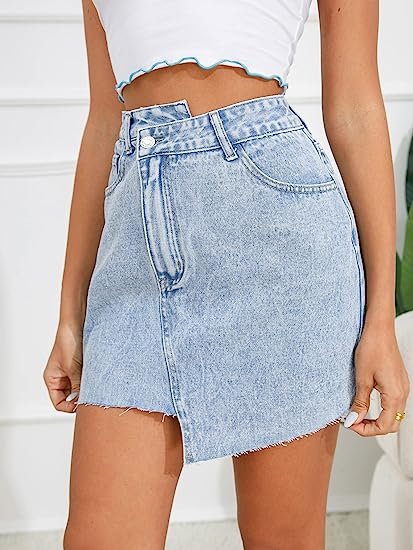 Women's Casual Asymmetrical Waist Jeans Skirt Raw Trim Denim Skirt