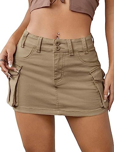 Women's Low Waist Button Bodycon Mini Cargo Denim Skirt with Pocket