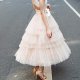 Women's Nude Pink Layered Mesh Tutu A-Line Midi Skirt