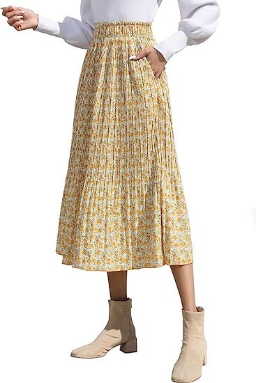 Womens High Waist Polka Dot Pleated Skirt Midi Swing Skirt with Pockets