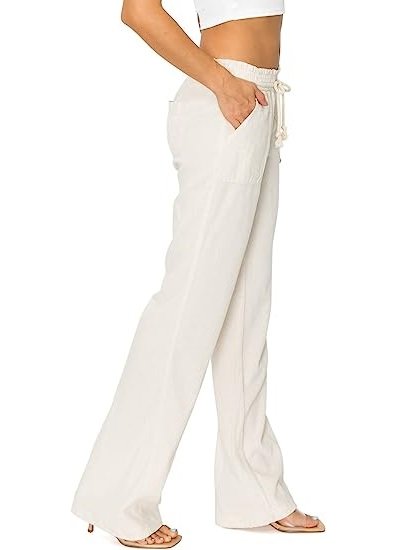 Women's Casual Linen Pants - 32" Inseam Oceanside Drawstring Smocked Waist Lounge